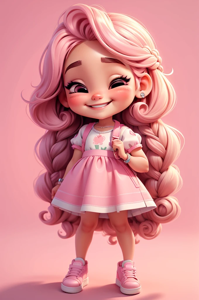 digital illustration cartoon fashion girl miniature ilustration, mexican girl, realistic, braid hair, eyes closed, chibi, nails pink, smiling,  vivid, center photo, white background, smiling, casual outfit,stand, pink shoes