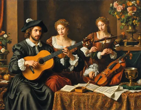 there are two people that are playing a musical instrument together, in a high renaissance style, in a renaissance style, renais...