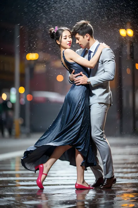 Dancing the tango men and women, Concentrated heavy rain、Guerrilla rainstorm、Metropolis、man facing forward, Woman turning away f...