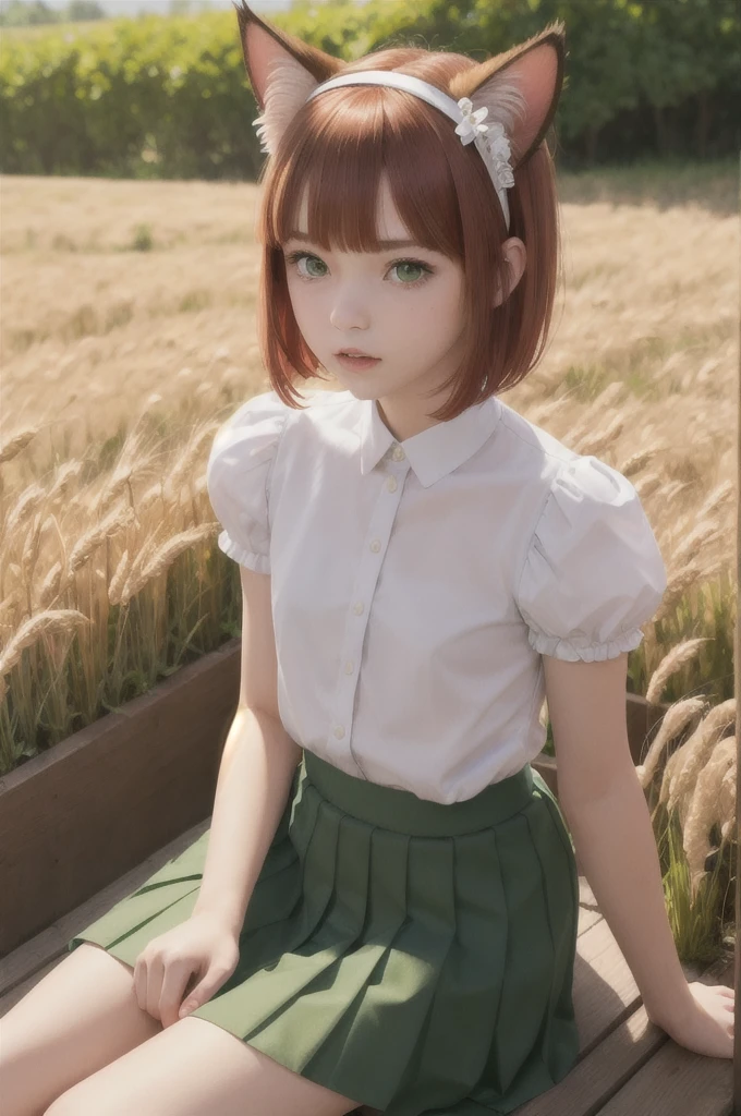 masterpiece, best quality, highly detailed, , , , , 1girl, , slim, small-waisted, flat chest, , , , bangs, short hair, red hair, fake animal ears, cat ears, hairband, sidelocks, blunt bangs, short hair with long locks, green eyes, detailed eyes, BREAK, short sleeves, juliet sleeves, puffy short sleeves, puffy sleeves, shirt, pleated high waisted skirt pulled up, transparent , skirt pulled up, , , sweat, , , , , sitting, , field of wheat, 