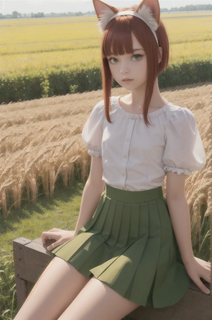 masterpiece, best quality, highly detailed, , , , , 1girl, , slim, small-waisted, flat chest, , , , bangs, short hair, red hair, fake animal ears, cat ears, hairband, sidelocks, blunt bangs, short hair with long locks, green eyes, detailed eyes, BREAK, short sleeves, juliet sleeves, puffy short sleeves, puffy sleeves, shirt, pleated high waisted skirt pulled up, transparent , skirt pulled up, , , sweat, , , , , sitting, , field of wheat, 