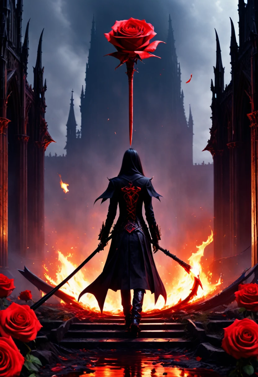 （Messenger from bright：1.4），cross，one个巨大的Blood ghost，Scythe seen from below，bright，magma，Flame，（紫色Flame：1.3），There is fresh Blood on the ground，Blood pool，dripping Blood，Gothic aesthetics，one、Rose、castle、cross、Blood、Churchyard，The mystery of gothic style、Solemn and profound，Gothic style，gothic style lace clothes、Rose symbolizes romance、grave、Blood ghost、witch、ruins、Gothic Cathedral，Gothic symbols series