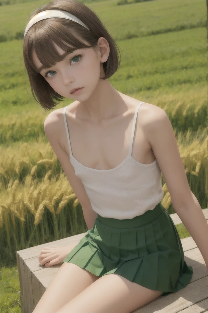 masterpiece, best quality, highly detailed, 1girl, slim, small-waisted, flat chest, perky nipples, bangs, short hair, brown hair, hairband, sidelocks, blunt bangs, short hair with long locks, green eyes, detailed eyes, short sleeves, transparent white shirt, pleated high waisted skirt, skirt pulled up, sweat, sitting, legs spread, field of wheat, 