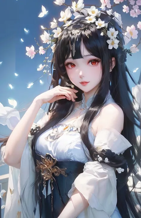 Has long black hair、Wearing a white dress、Anime girl with flowers on her head, artwork in the style of Gu Weiss, Gu Weiss, Gu We...