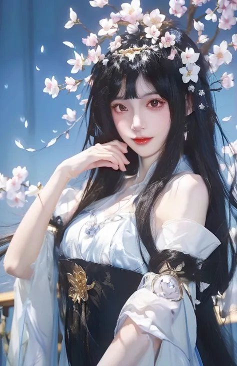 Has long black hair、Wearing a white dress、Anime girl with flowers on her head, artwork in the style of Gu Weiss, Gu Weiss, Gu We...