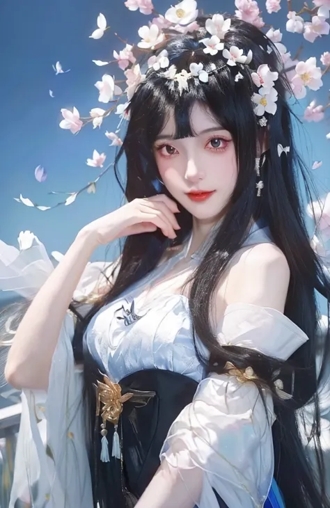 Has long black hair、Wearing a white dress、Anime girl with flowers on her head, artwork in the style of Gu Weiss, Gu Weiss, Gu We...