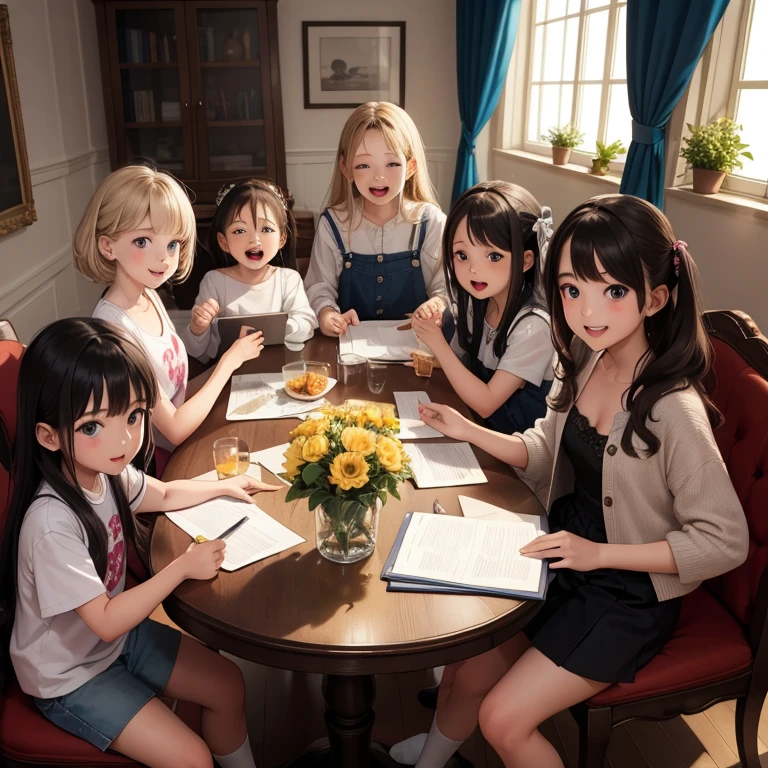 (masterpiece, Highest quality), Five Girls，(Children&#39;s white printed pants), Very young woman, I&#39;m 11 years old，Thick eyebrows，Baby Face，Round face，Big round eyes，Braiding, Short Pigtails, Dull bangs，Black Hair，Glasses，Brown eyes，Very short stature，Very flat chest，Very thin limbs，Red ribbon,Straight hair, bangs，squat，Spread your legs，Cute Crack，sneakers，Pissing on Diapers，Spring park playground equipment background，smile，fun, Bright colors, watercolor，Accurate and detailed female fingers，Diapers，Diapers swollen with urine，Jojo Fashion，
