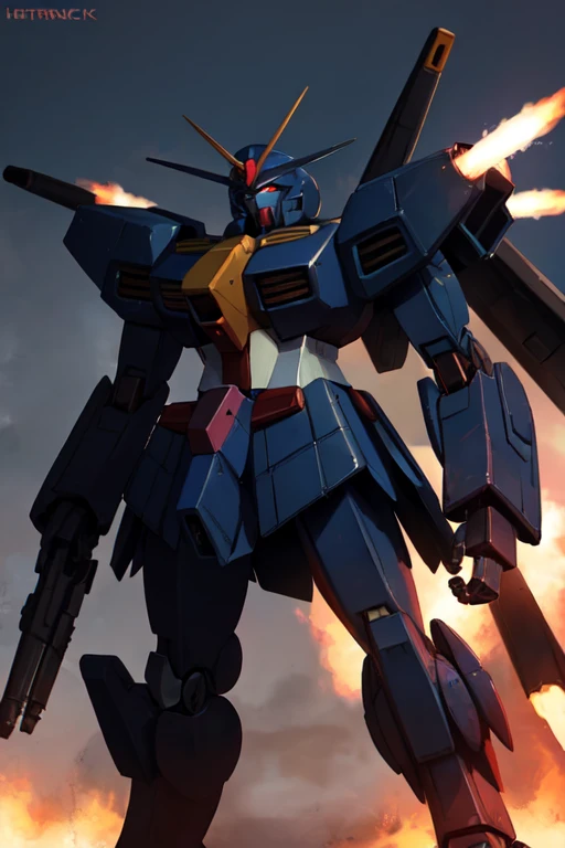 hector trunnec, masterpiece, best quality,  a Gundam mecha, smoke, glowing eyes, standing, close-up