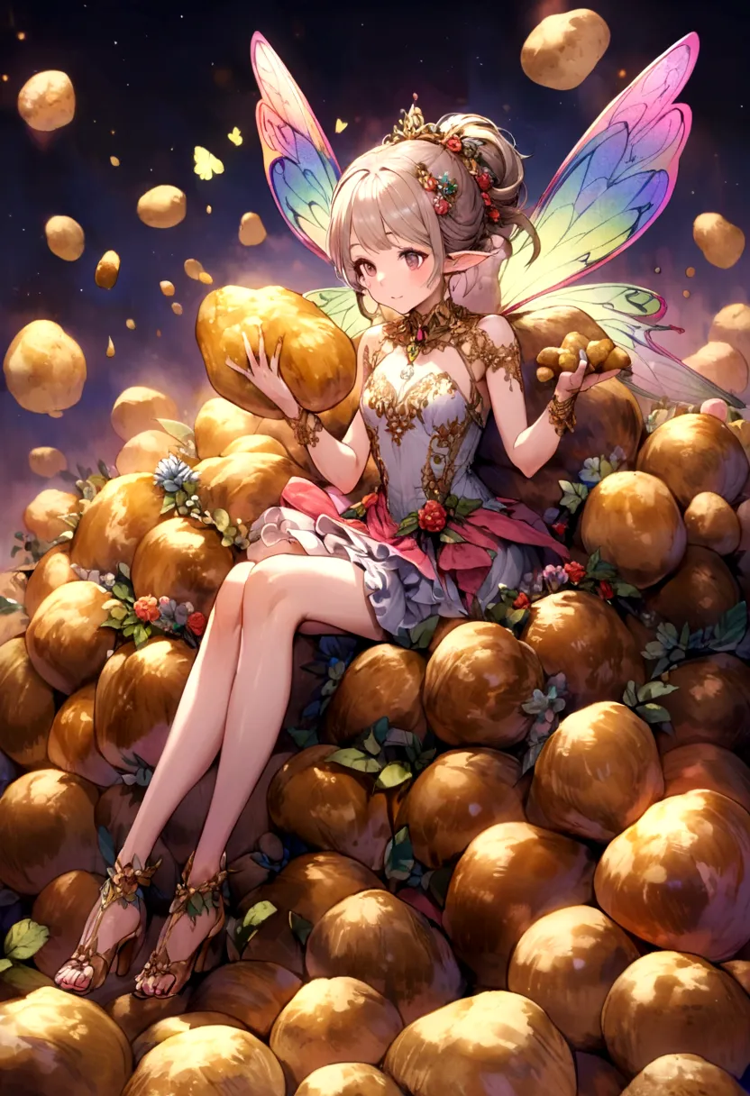 a  fairy flying over a pile of Potatoes , holding one Potato on her hand