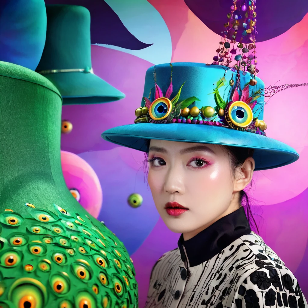 a medium prompt of "The Hats Have Eyes" with different immersive, unambiguously biological hats featuring Yingtao designs, surreal, fantasy art, vibrant colors, whimsical, detailed patterns, magical realism, eye-catching, creative composition, dreamlike, ethereal lighting, floating objects, intricate details, mystical, digital painting, 4k resolution