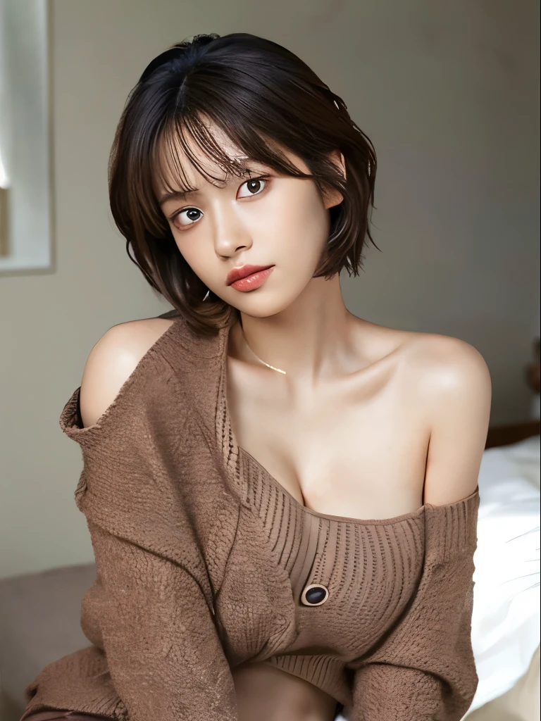 best qualtiy，tmasterpiece，超A high resolution，（realisticlying：1.4），
1girll，Short curly hair，Rich in detail， shoulder，cleavage，Knitwear， Deep shading， messy room， sit pose， Sitting on an object，