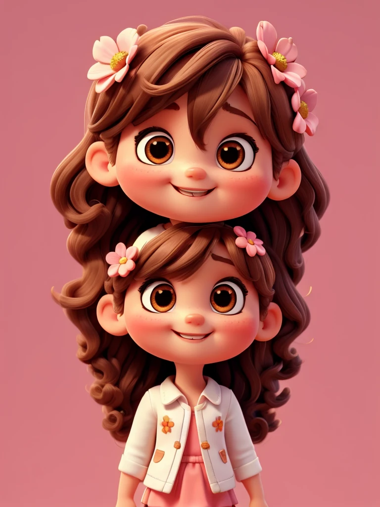 mignonne petite fille chibi aux cheveux bruns, fleur en tête, fond blanc et rose, souriant heureux,
