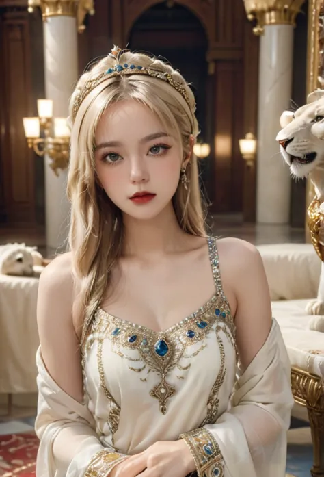 A beautiful elegant blonde girl in a luxurious palace, wearing an ornate crown, posing gracefully next to a white lioness, surro...