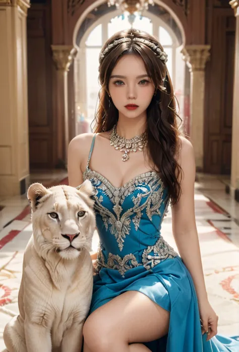 A beautiful elegant blonde girl in a luxurious palace, wearing an ornate crown, posing gracefully next to a white lioness, surro...