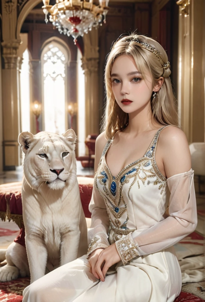 A beautiful elegant blonde girl in a luxurious palace, wearing an ornate crown, posing gracefully next to a white lioness, surrounded by lavish jewelry and opulent decor, serene and confident expression, intricate embroidered dress, soft lighting, cinematic composition, photorealistic, highly detailed