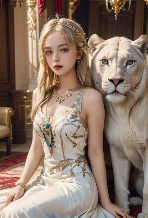 A beautiful elegant blonde girl in a luxurious palace, wearing an ornate crown, posing gracefully next to a white lioness, surro...