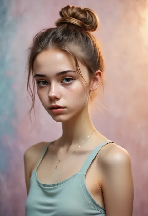 (Cinematic photo: 1.3) From (really: 1.3), (comfortable: 1.3) Beautiful 18 year old girl, (difficult messy bun of light brown ha...