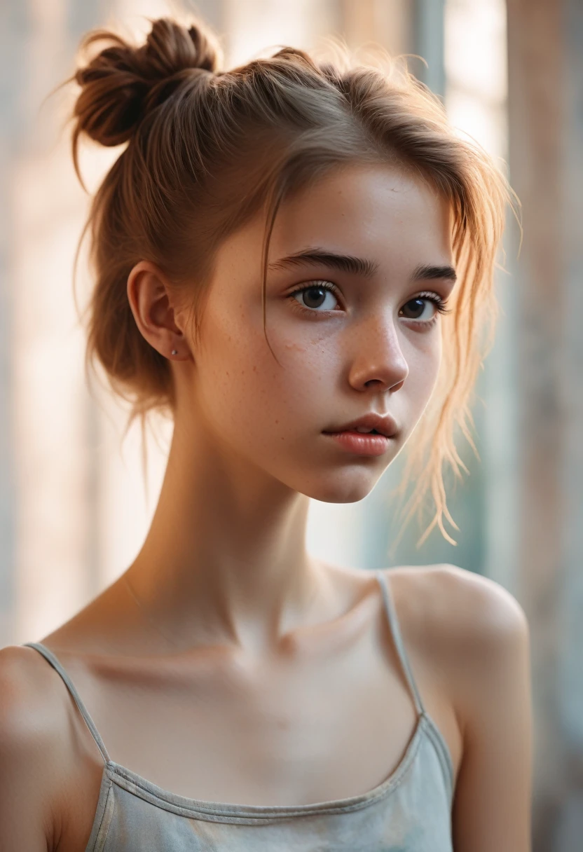 (Cinematic photo: 1.3) From (really: 1.3), (comfortable: 1.3) Beautiful 18 year old girl, (difficult messy bun of light brown hair), высокодеталFromированная текстура кожи, skinny shoulders, realistic texture кожи, looks straight into the camera, (looks at the viewer), pout, pastel, Shine, Dramatic, Dreamy, pastelный цветочный сад, Thin, skinny, gentle, Высокая деталFromация, difficult, digital painting, Fantasy theme,skinny , bare belly, Fantasy concept art , Fantasy Characters, Beautiful teenage girl, Perfect body, highly detailed full-length shot, Dreamy, pastel, watercolor, strange, gentle, highly detailed texture, realistic texture, digital painting, высокодеталFromированная фотография (art deco: 1.3), (ФотореалFromм: 1.3), (Классический реалFromм: 1.3), (Fujifilm Superia: 1.3), Natural, golden hour light