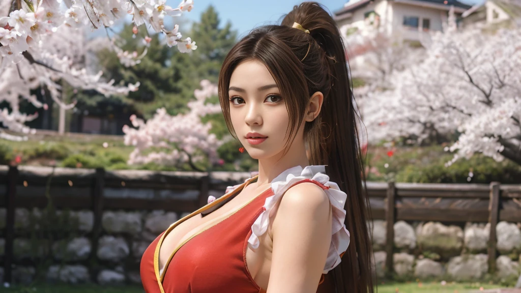 Mai Shiranui, 갈색 눈, 일본의 아름다움，微ㅋㅋ긴 머리, 갈색 머리, (빨간 옷:1.3)，super 거대한 가슴， 소매 없는, 포니테일, 골반 커튼, 팔 보호대, 장갑, 금，큰 가슴， 매혹적인 표현, 섹시한 눈, 거대한 가슴, 微ㅋㅋ, 매력적인, 긴 머리, (유방 초점:1.2), (현재의:1.2),, (실재론), (걸작:1.2), (최고의 품질), (매우 상세한), (8K, 4K, 복잡한), (85mm), 빛 particles, 빛, (매우 상세한:1.2), (상세한 얼굴:1.2), 벚꽃(절묘한 눈:1.2), (solid col금 background: 1.2),(자세한 배경), (동적 각도:1.2), (역동적인 포즈:1.2), (액션 라인:1.2), 광각 렌즈, 거대한 가슴，큰 가슴，거대한 가슴，幸福的ㅋㅋ容，사랑스러운，ㅋㅋ，사쿠라，벚꽃흑백 배경，solid col금 background，흰 바탕，예술적인 사진，스튜디오 내부