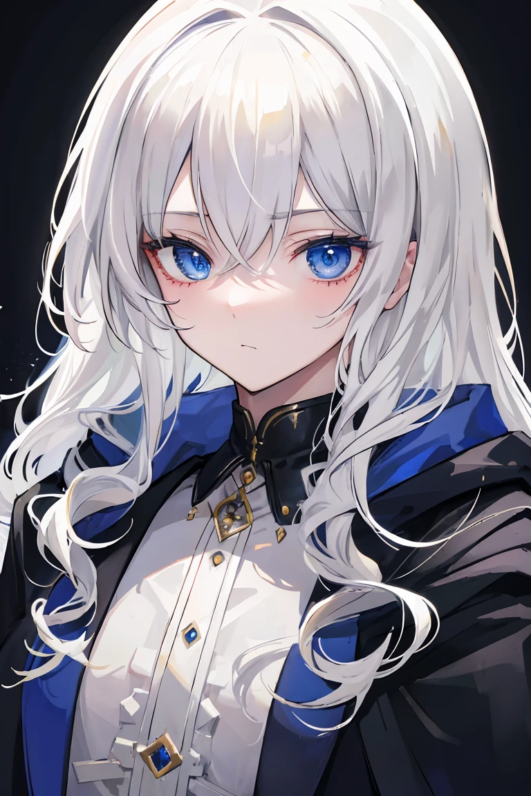 (masterpiece, highest quality:1.2), highest quality, masterpiece, high resolution, Anime style, portraiture, male, man, long hair, Silver hair, platinum blond hair, uniform for men, oversized coat, disproportionate cloak, Feminine appearance, magic, magic square, magician, odd eye, Heterochromia eye, dark blue eye and gold eyes