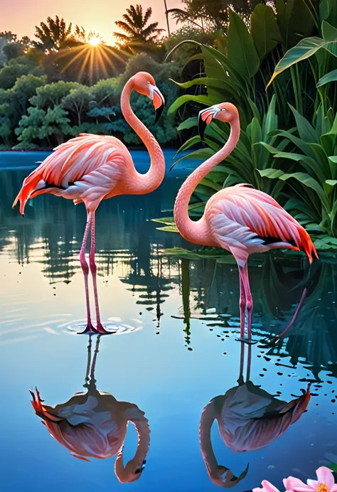 Masterpiece, high resolution, very detailed, a pair of pink flamingos in the rays of the morning sunset on a blue lake,