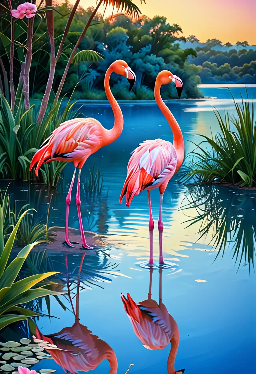 تحفة, دقة عالية, مفصل جدا, زوج من طيور النحام الوردي في أشعة غروب الشمس في الصباح على بحيرة زرقاء,
