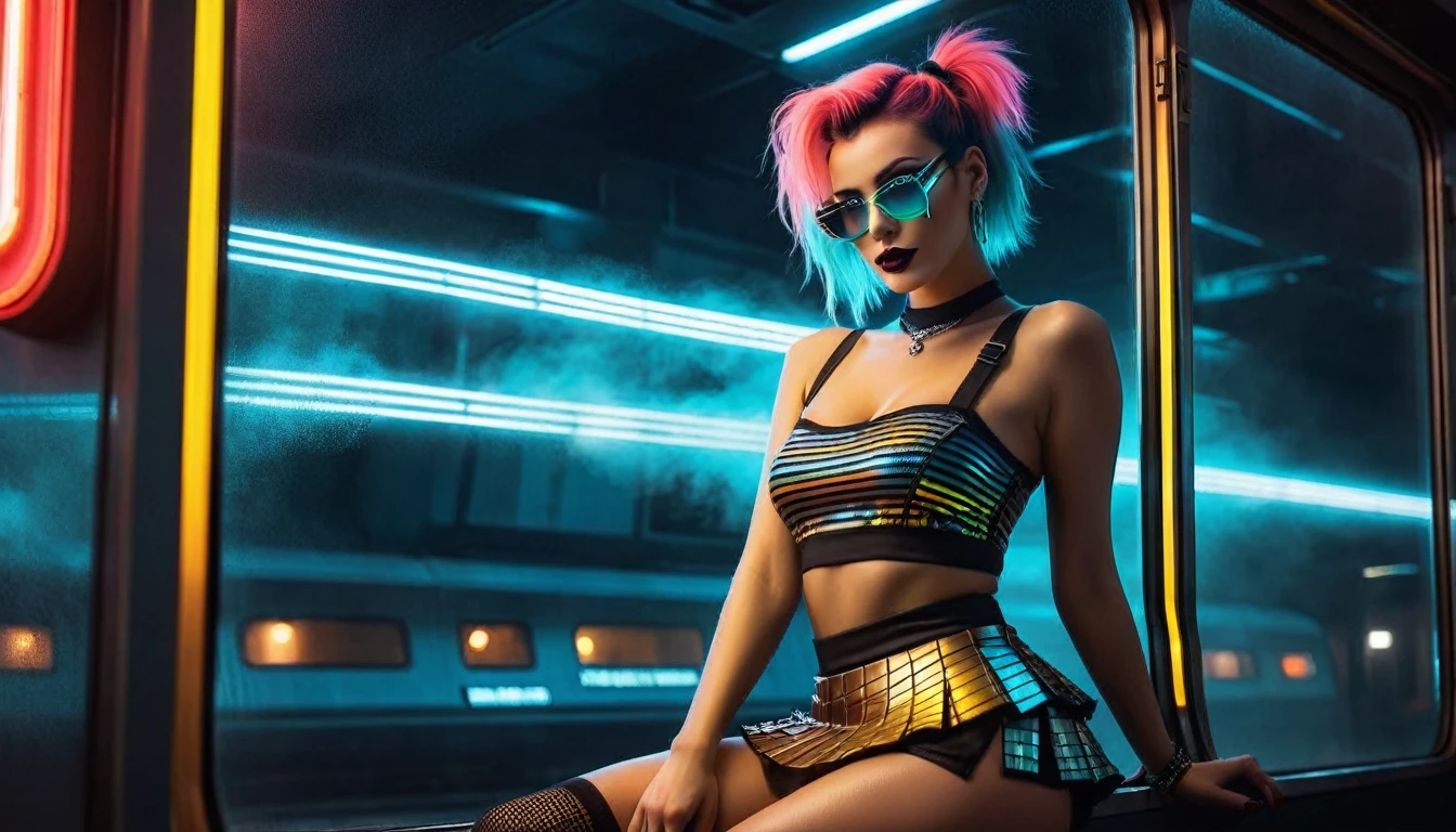 (Best quality, Ultra detailed, Golden ratio, Masterpiece:1.2), Theatrical lighting:0.7, Photo of a retro futuristic woman, Retrofuturism dressed with emo mini skirt. Her vibrant makeup tell of a itimate (vibe of Cyberpunk 2077), Perfect rare face, (Highly detailed skin), randomly dyed hair, Hide your mouth with your hands、Wet, skin texture, Pale skin, shiny skin, (thin, large size:1.2), [:(Sharp focus on rare face, perfect eyes:1.2):0.2], photorealistic, film grain, Put one foot forward、from below looking up、look at camera、Emphasize the shoulders, Focus on face、Stockings、Cyberpunk glasses、Smile with corners of mouth raised、disdainful expression,muted colors,photographed at night, instagram, backlit, outer space, retro, retro tech, atari, commodore, space invaders,cyberpunk Retrofuturism panties, small panty, 80's perm, fog, foggy, misty, (80's house), muted warm colors, Photo cinematic portrait of a woman dressed in a striped dress sitting by the window in the neon night lights, cinematic, (tilted:1.3) (on an suburb Retrofuturistic train) look cautious, standing under a spotlight, volumetric dust clouds, key light, backlight, soft natural neon lighting, photography Film grain ISO 800 30 mm lens RAW f2.8 aperture, highly detailed (analog photography:1), colors hdr