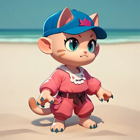 full body view of a cat with baby claws, wearing a blue cap, a pink dress on the beach