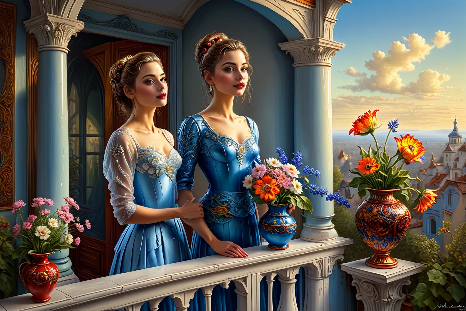 a painting of a woman standing on a balcony with a vase of flowers, michael cheval (unreal engine, inspired by Evgeny Lushpin, inspired by Michael Cheval, inspired by Art Frahm, romantic painting, by Michael Cheval, by Alexander Kucharsky, fantasy artrealistic painting, dream scenery art, beautiful fantasy painting, magical realism painting