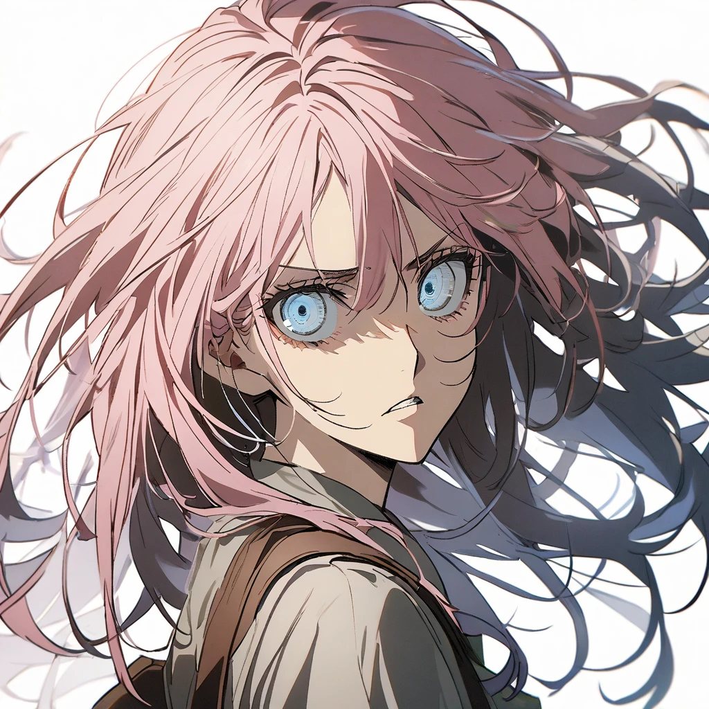 1 girl in attack on titan style, long  hair, light pink hair, hair with blue tips, light blue eyes,White background, tilted face, gazing at viewer 