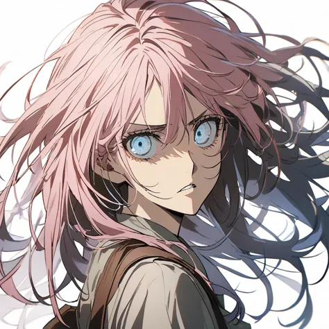 1 girl in attack on titan style, long  hair, light pink hair, hair with blue tips, light blue eyes,white background, tilted face...