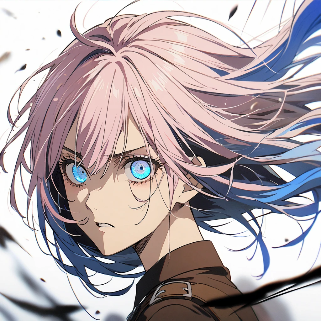 1 girl in attack on titan style, long  hair, light pink hair, hair with blue tips, light blue eyes,White background, tilted face, gazing at viewer 