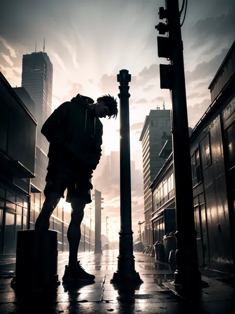 a man leaning on a pillar, head tilted down, wearing a hoodie, full body shot, night, moody atmosphere, cinematic lighting, dram...