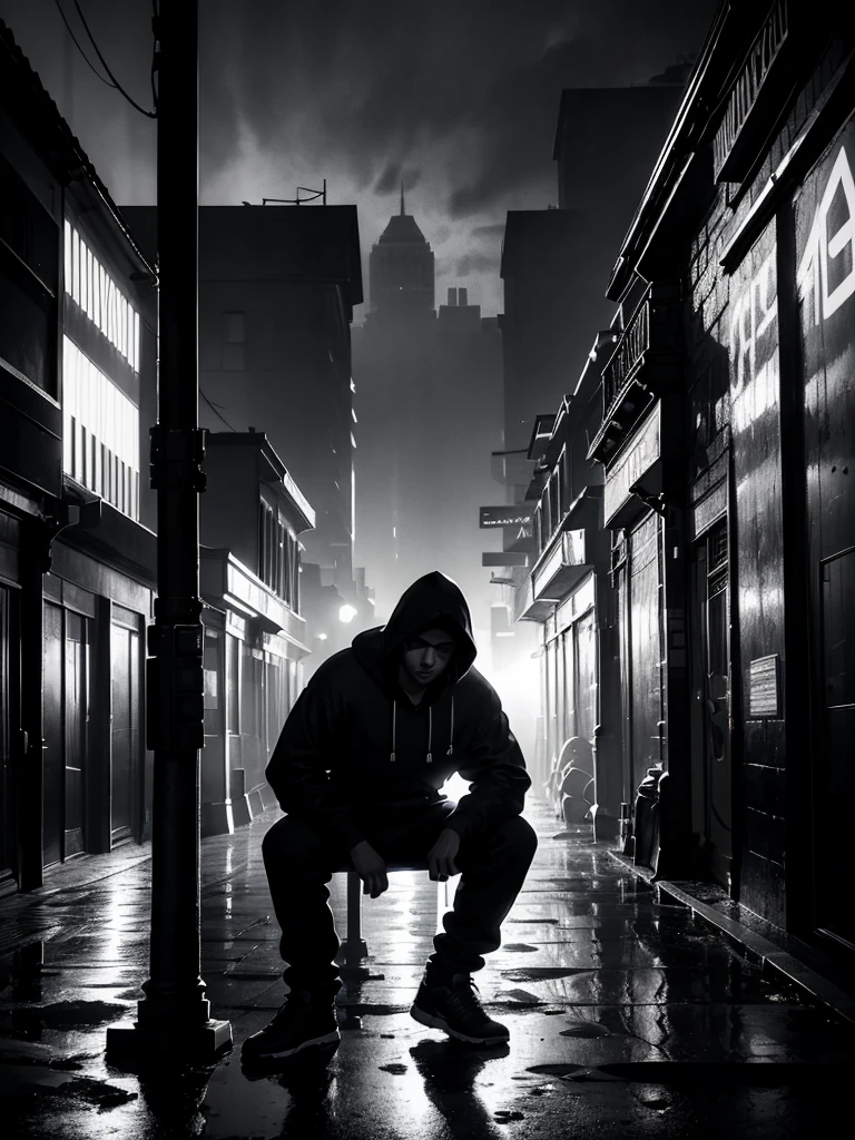 a man leaning on a pillar, head tilted down, wearing a hoodie, full body shot, night, moody atmosphere, cinematic lighting, dramatic shadows, high contrast, muted colors, gritty urban setting, grunge style, realistic details, hyper-realistic, masterpiece, high resolution, 8k