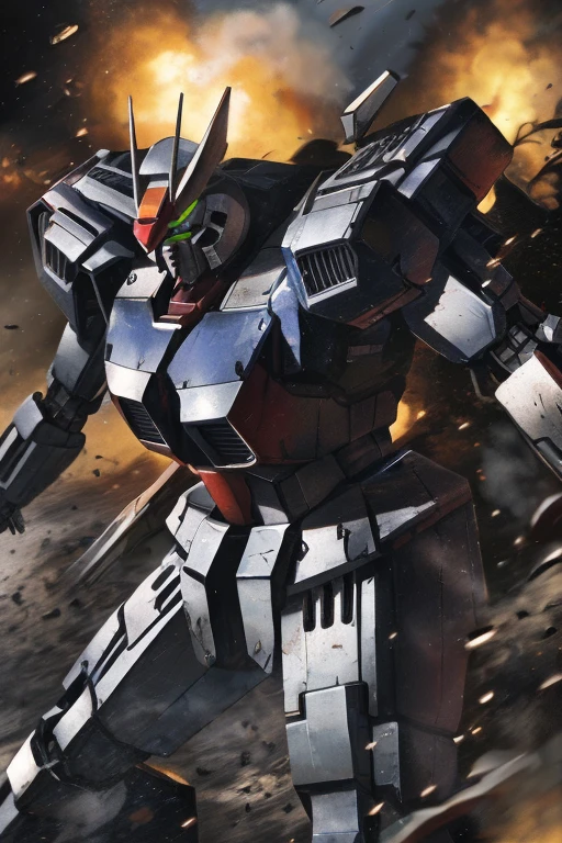 hector trunnec, masterpiece, best quality,  a Gundam mecha, smoke, glowing eyes, standing, close-up