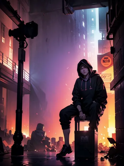 a man leaning on a pillar, head tilted down, wearing a hoodie, purple and red light, night, moody atmosphere, cinematic lighting...