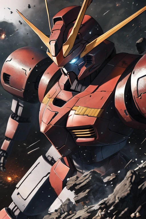 hector trunnec, masterpiece, best quality,  a Gundam mecha, smoke, glowing eyes, standing, close-up