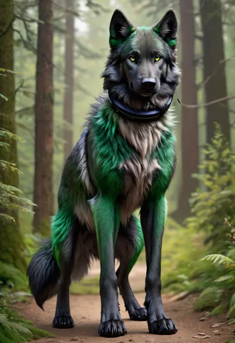 masterpiece, Highest quality, male, Wolf-like dog, Dark green fur, Strong body, Gentle look, Bushy tail, Quadrupedal, Black head...