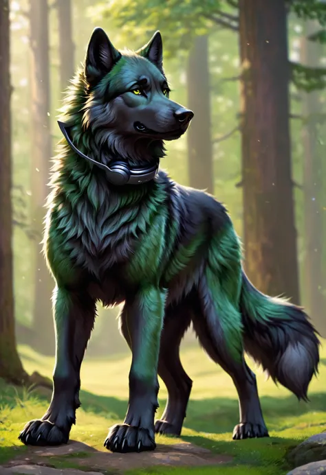 masterpiece, Highest quality, male, Wolf-like dog, Dark green fur, Strong body, Gentle look, Bushy tail, Quadrupedal, Black head...