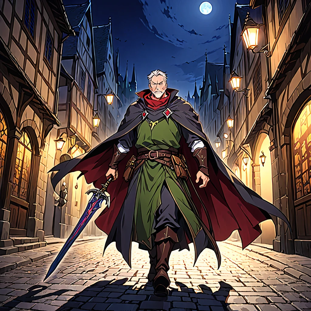 A mature and stable middle-aged man，His profession is a demon hunter.，Wearing a cape，Holding a sword，There are some scars on the face，Walking in the streets of medieval Europe，Night view。Mid-ground composition，Full body pictures，Colored screen，Anime illustration style，HD，4K。