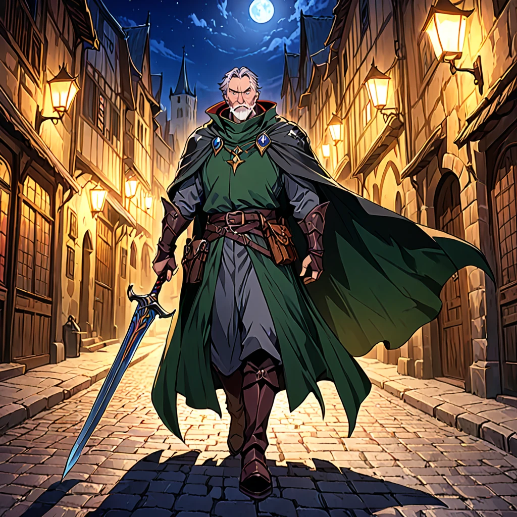 A mature and stable middle-aged man，His profession is a demon hunter.，Wearing a cape，Holding a sword，There are some scars on the face，Walking in the streets of medieval Europe，Night view。Mid-ground composition，Full body pictures，Colored screen，Anime illustration style，HD，4K。