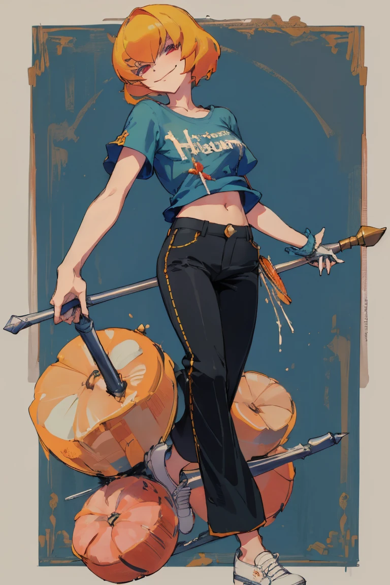 ((Highest quality)), ((masterpiece)), (be familiar with),Clementine,Overload,nsfw,Blue T-shirt,No sleeve,Green Embroidery,White shoes,Fascinating,Black pants,Bewitching Smile,whole body