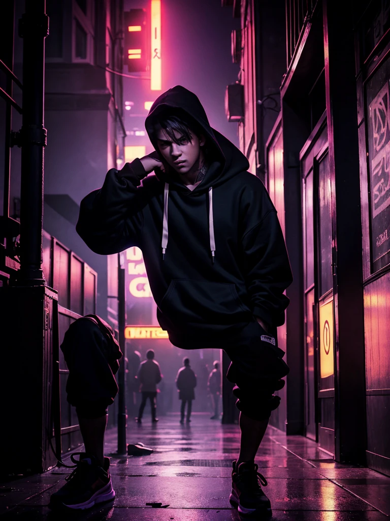 a man leaning on a pillar, head tilted down, wearing a hoodie, purple and red light, night, moody atmosphere, cinematic lighting, dramatic shadows, high contrast, muted colors, gritty urban setting, grunge style, realistic details, hyper-realistic, masterpiece, high resolution, 8k