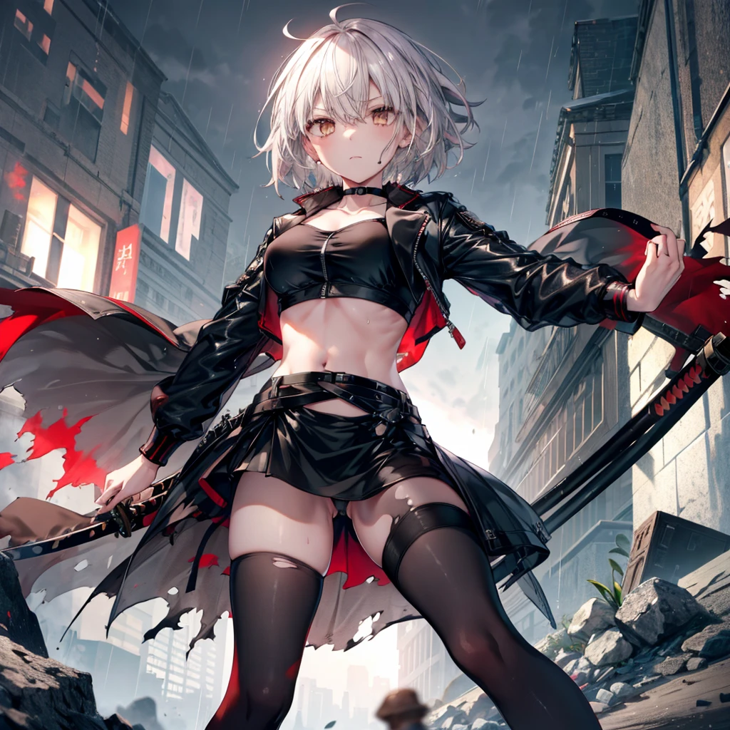 ((Highest quality)), ((masterpiece)), ((detailed)), (4K), 1girl, 独奏, 1 katana, short hair, eyepatch, crop top, leather jacket, Torn miniskirt, suspender skirt, torn pantyhose, panties, panties under pantyhose, choker, bracelet, weapon, rain, (wet), see through, expressionless, ass pov, (looking down)