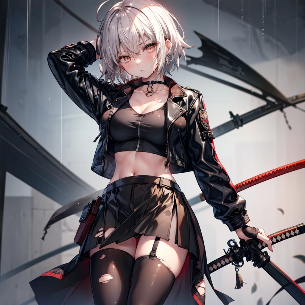 ((Highest quality)), ((masterpiece)), ((detailed)), (4K), 1girl, 独奏, 1 katana, short hair, eyepatch, crop top, leather jacket, Torn miniskirt, suspender skirt, torn pantyhose, panties, panties under pantyhose, choker, bracelet, weapon, rain, (wet), see through, expressionless, ass pov, (looking down)