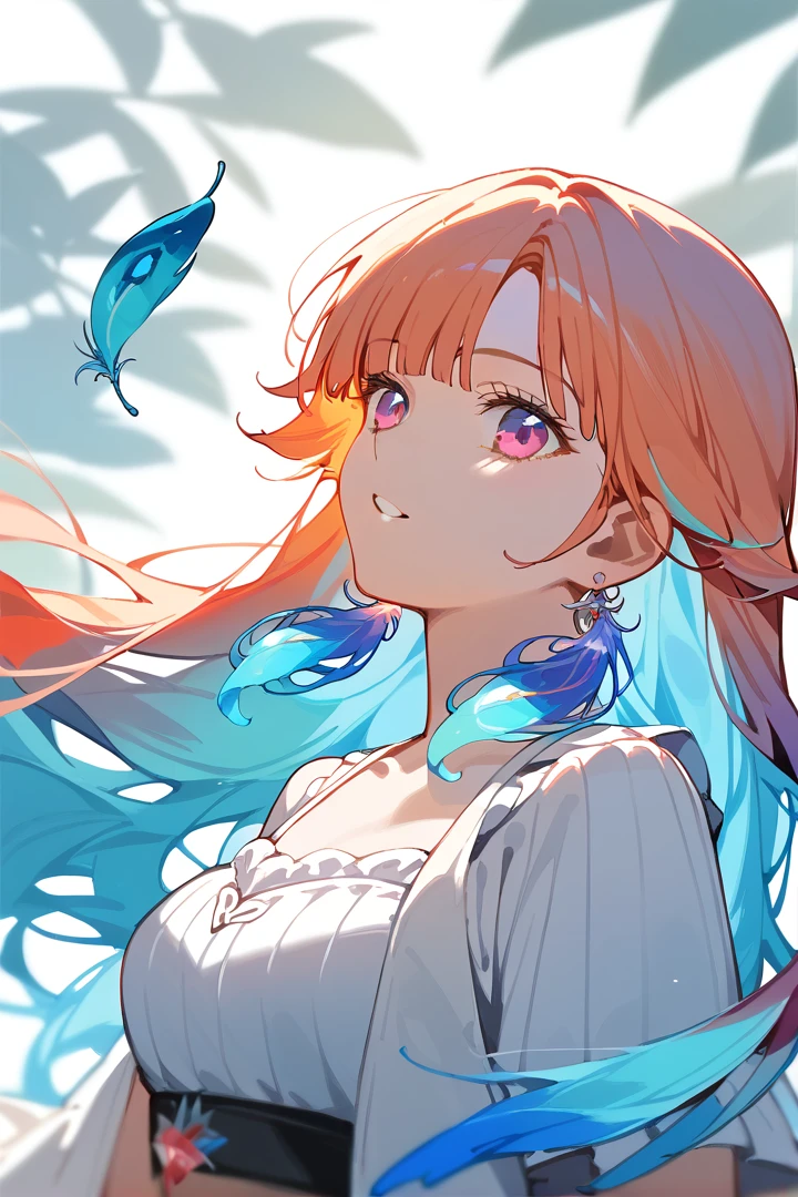 (masterpiece), (best quality), (ultra-detailed), (beautiful), (nai3), 1girl,TakanashiKiara, colored inner hair, gradient hair, long hair, feather earrings 