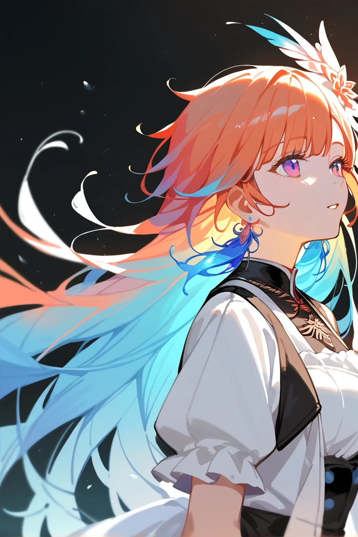 (masterpiece), (best quality), (ultra-detailed), (beautiful), (nai3), 1girl,TakanashiKiara, colored inner hair, gradient hair, long hair, feather earrings 