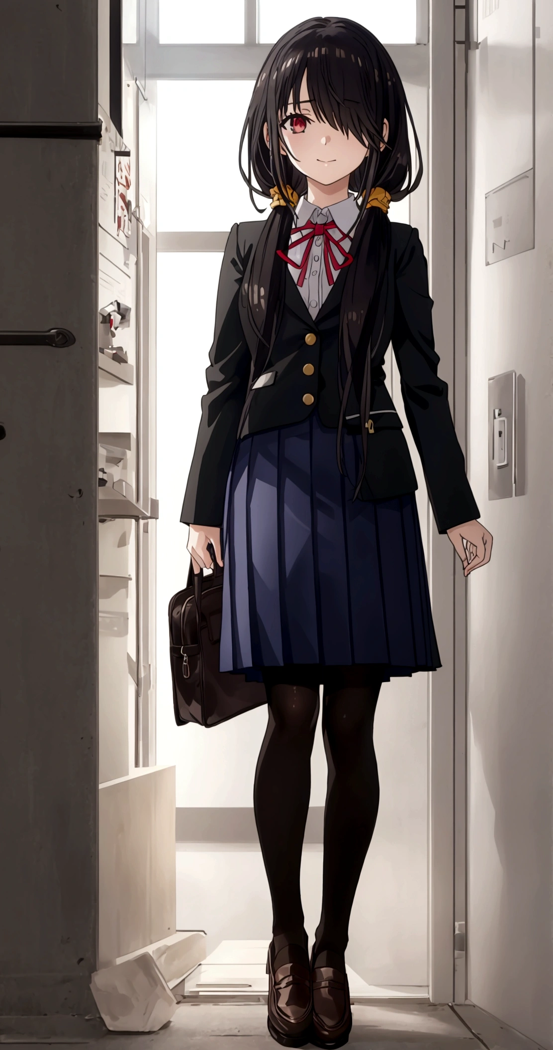 ultra-detailed,highly detailed,best quality,masterpiece,illustration,realistic, photo,photorealistic,
1girl, tokisaki kurumi,cosplay,hair over one eye, looking at viewer, happy girl,low twintails,
, blazer, collared shirt, neck ribbon, pleated skirt, pantyhose, hair rings, loafers,
indoors, walking, stairwell, 
