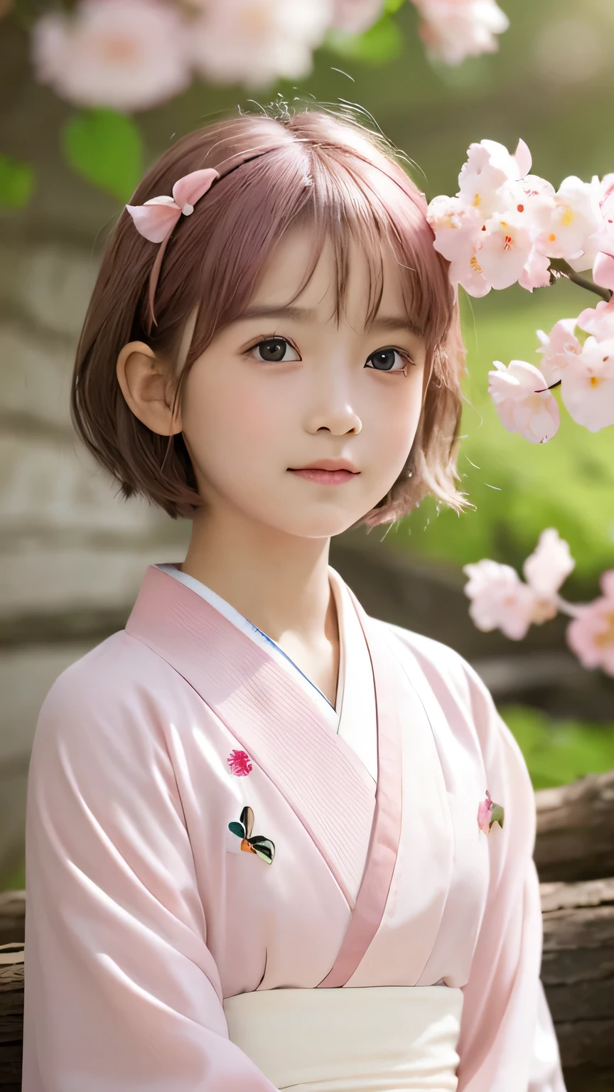 a cute 10 year old girl, ((short pink hair:1.2)), big eyes, pink lips, (wearing a red ribbon in her hair), wearing a kimono with a cherry blossom pattern, sitting on an old log, her face looks cheerful, ((around her many butterflies are flying)), the weather brightly, the light from the gaps in the leaves hit the girl's face, 8k, high quality, best quality, high resolution, realistic skin texture, without makeup