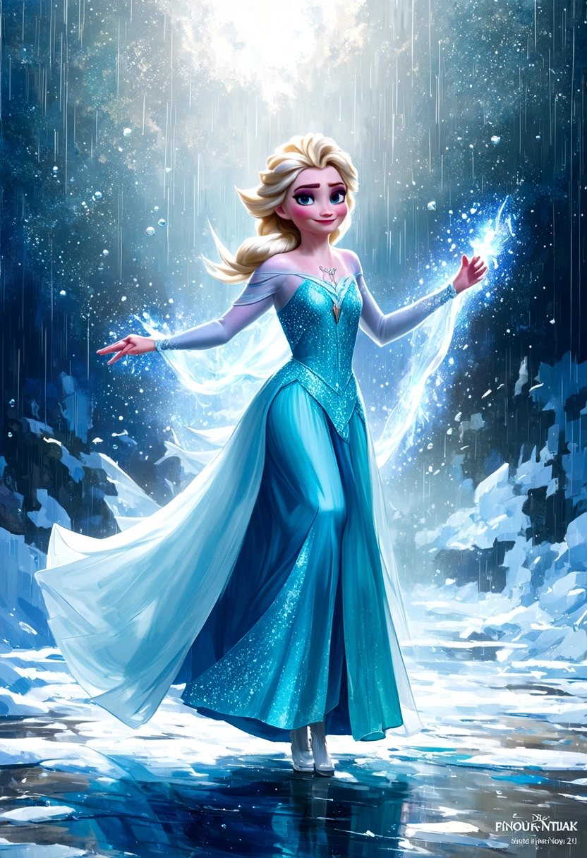 Digital painting of Elsa from Frozen dancing gracefully under the rain, her ice powers creating sparkling rain droplets and forming intricate ice patterns around her, dressed in her signature ice-blue gown, with a joyful and free-spirited expression, cinematic composition, trending on ArtStation